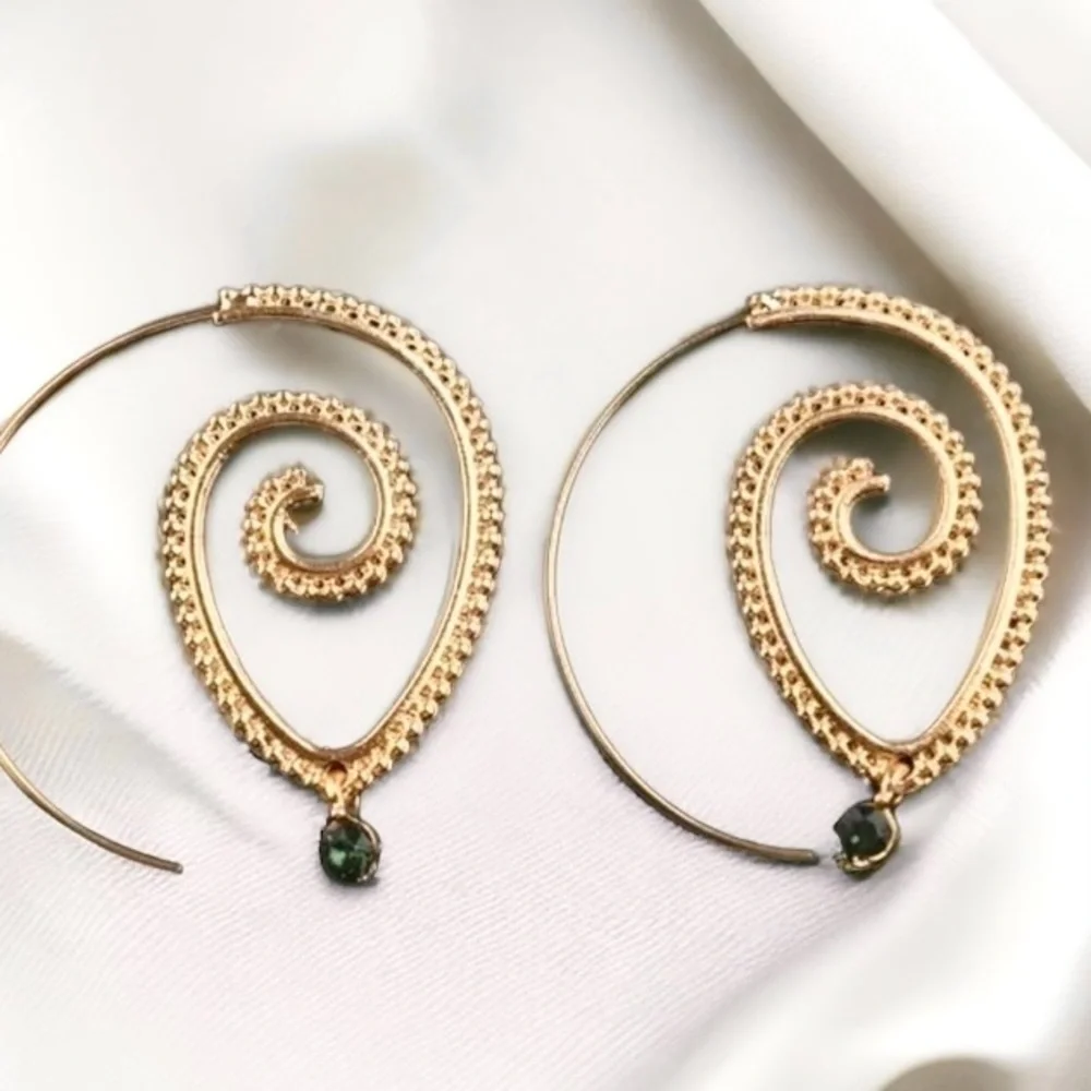 NEW Boho Golden Swirl Hoop Earrings Green Crystal